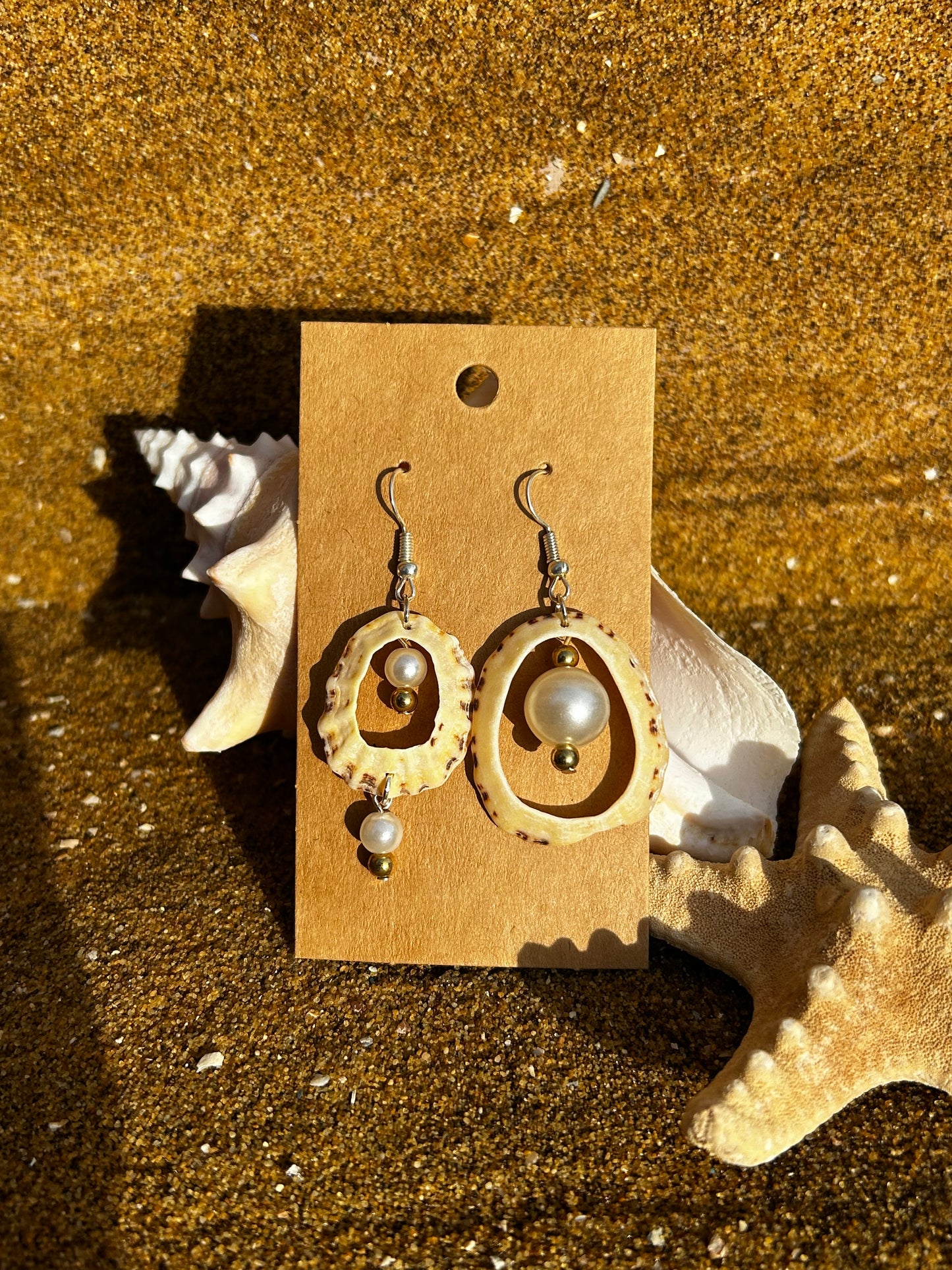 Irregular Limpet Shell and Pearl Bead Hoop Earrings